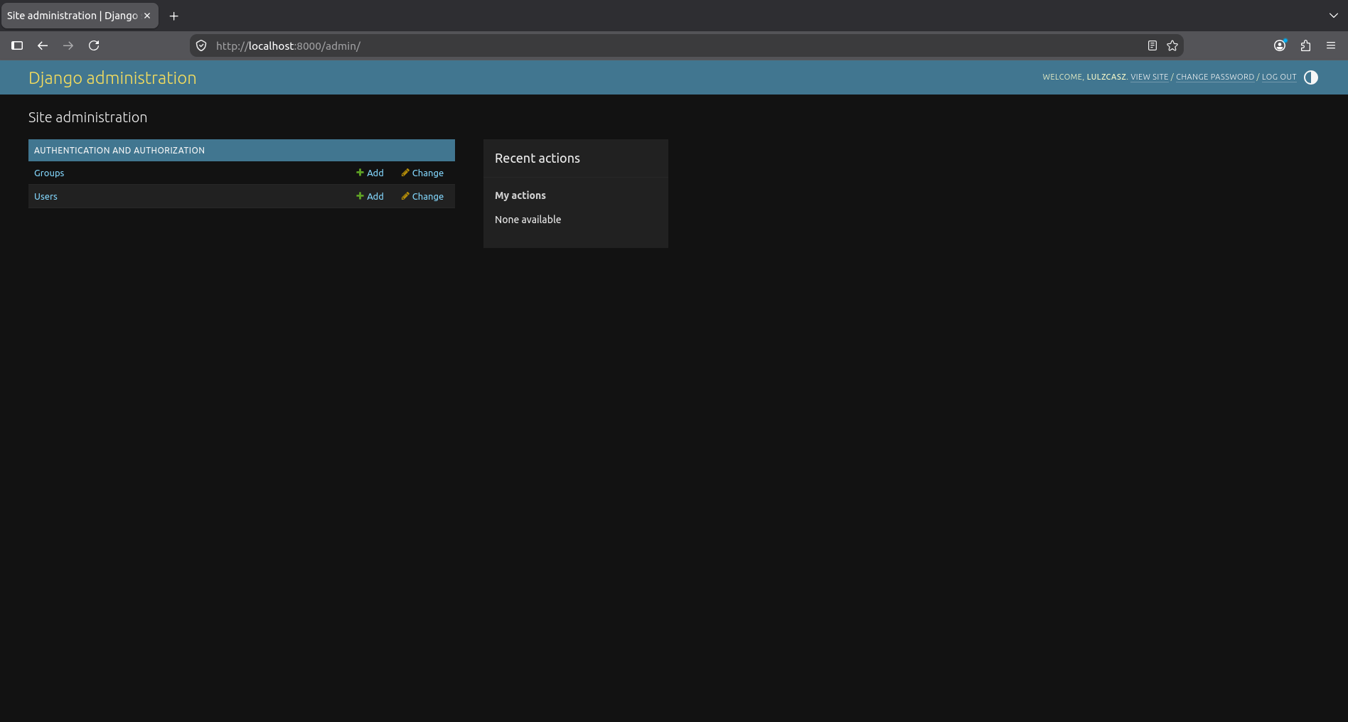Django admin dashboard at localhost:8000/admin/ logged in as superuser. Confirms the host environment connected to PostgreSQL in Docker and migrations ran properly.