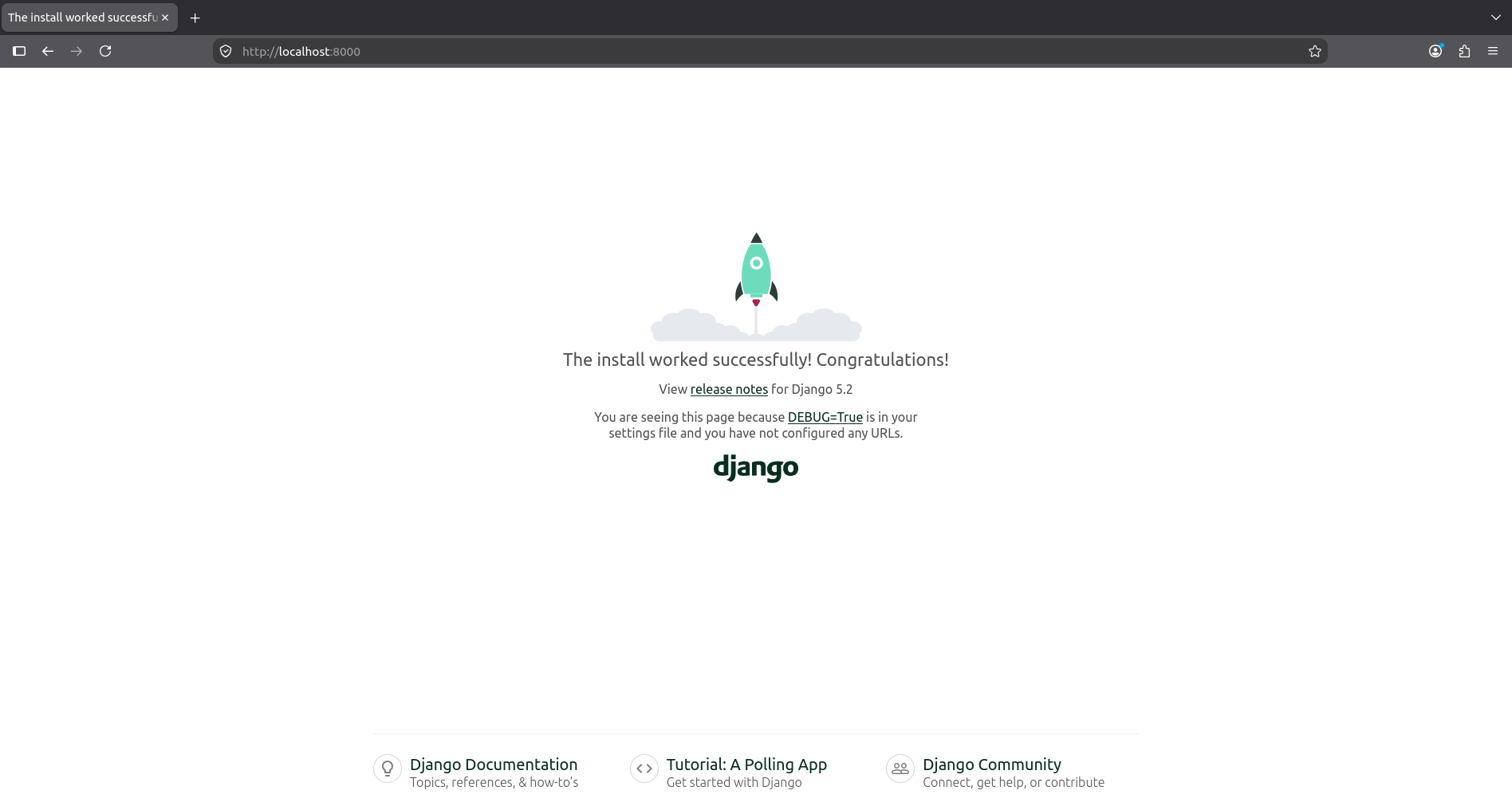Django 5.2 success screen at localhost:8000 showing the default rocket, confirming that the local development web server managed by uv started successfully without errors.