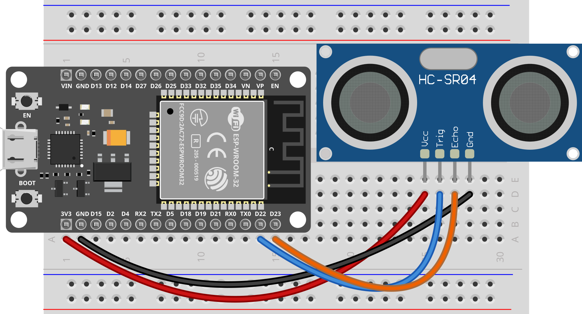 Diagram on Fritzing showing ESP32 connected with HC-SR04.