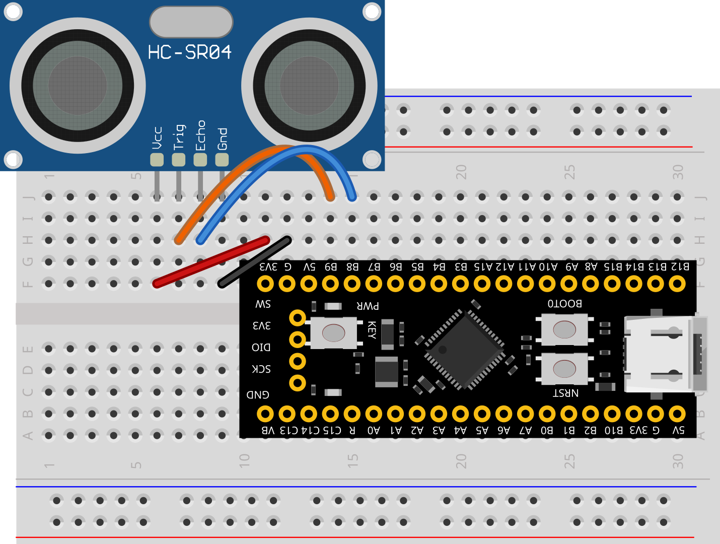 Fritzing diagram showing an STM32 BlackPill connected to an HC-SR04 on a breadboard