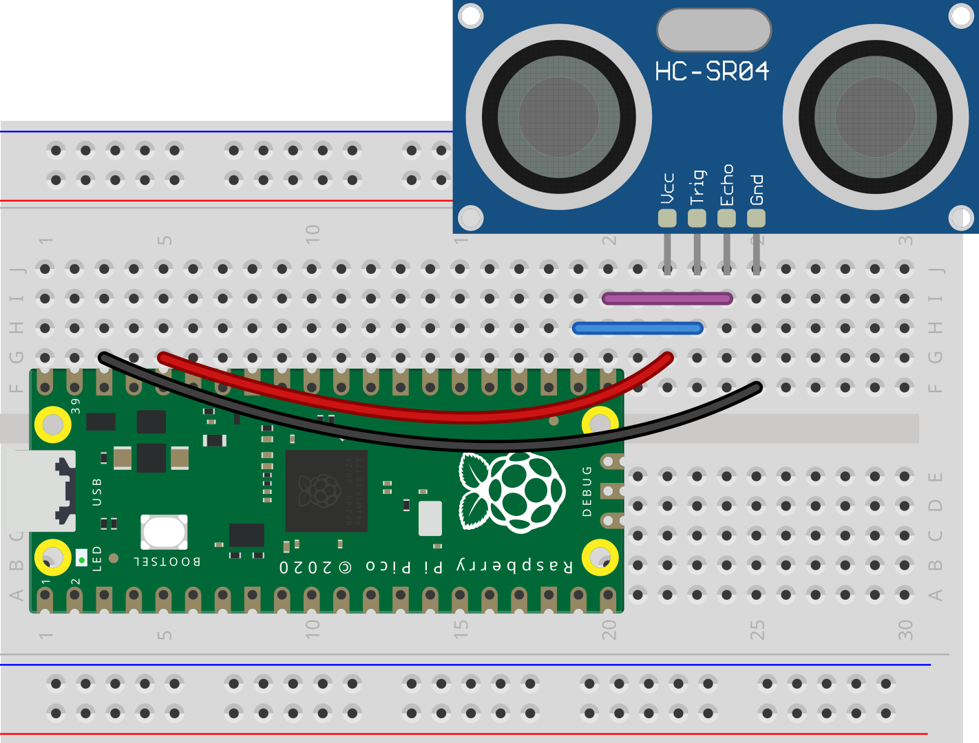 Fritzing diagram showing HC-SR04 connected on Raspberry Pi Pico in a breadboard.