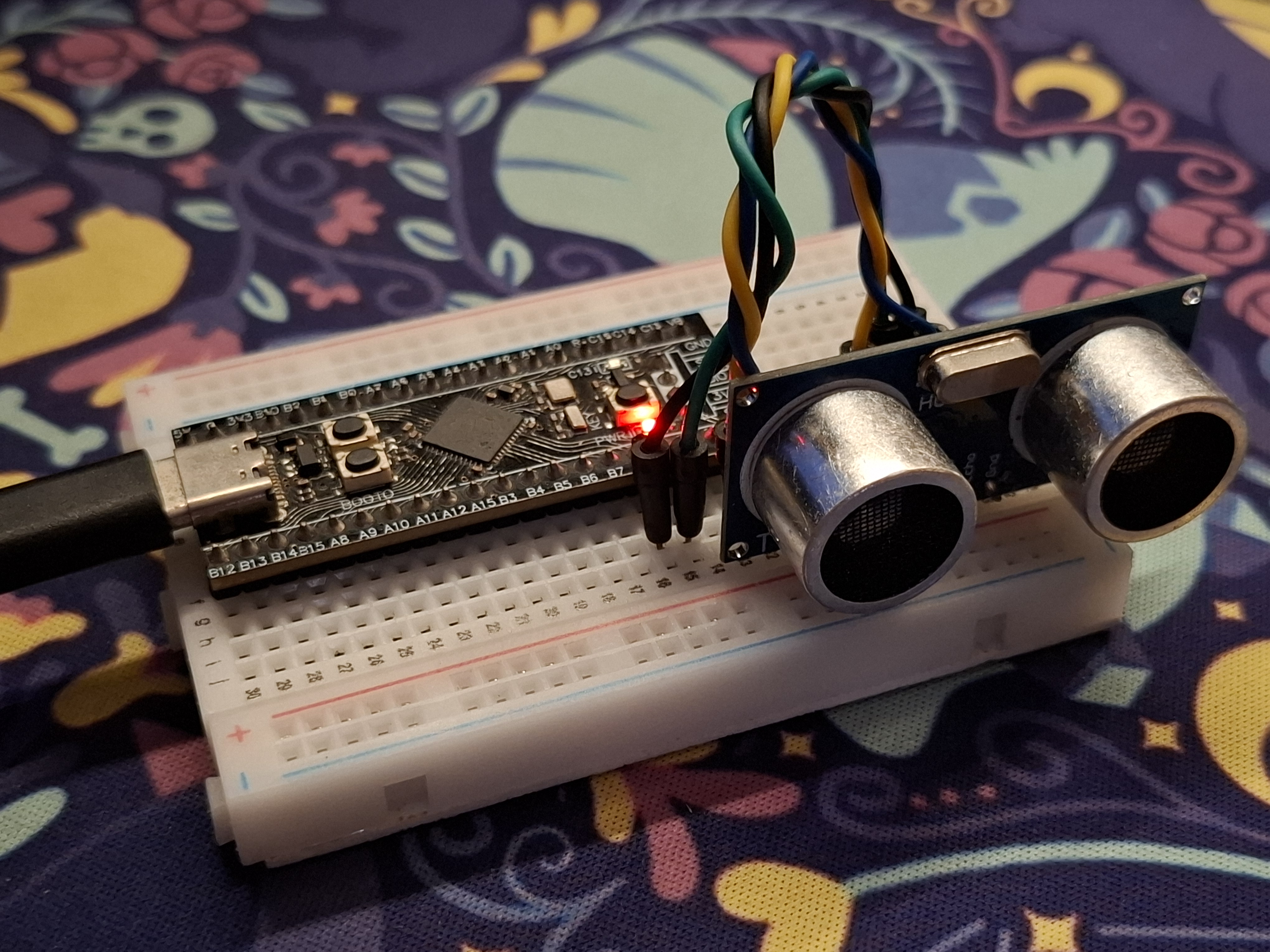In real life mounted circuit with stm32 blackpill and hc-sr04.